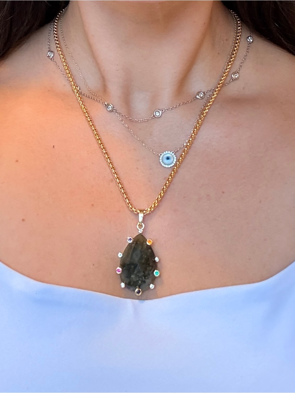 Gold Chain Necklace with Teardrop Labradorite Pendant and Multi-Stone Accents